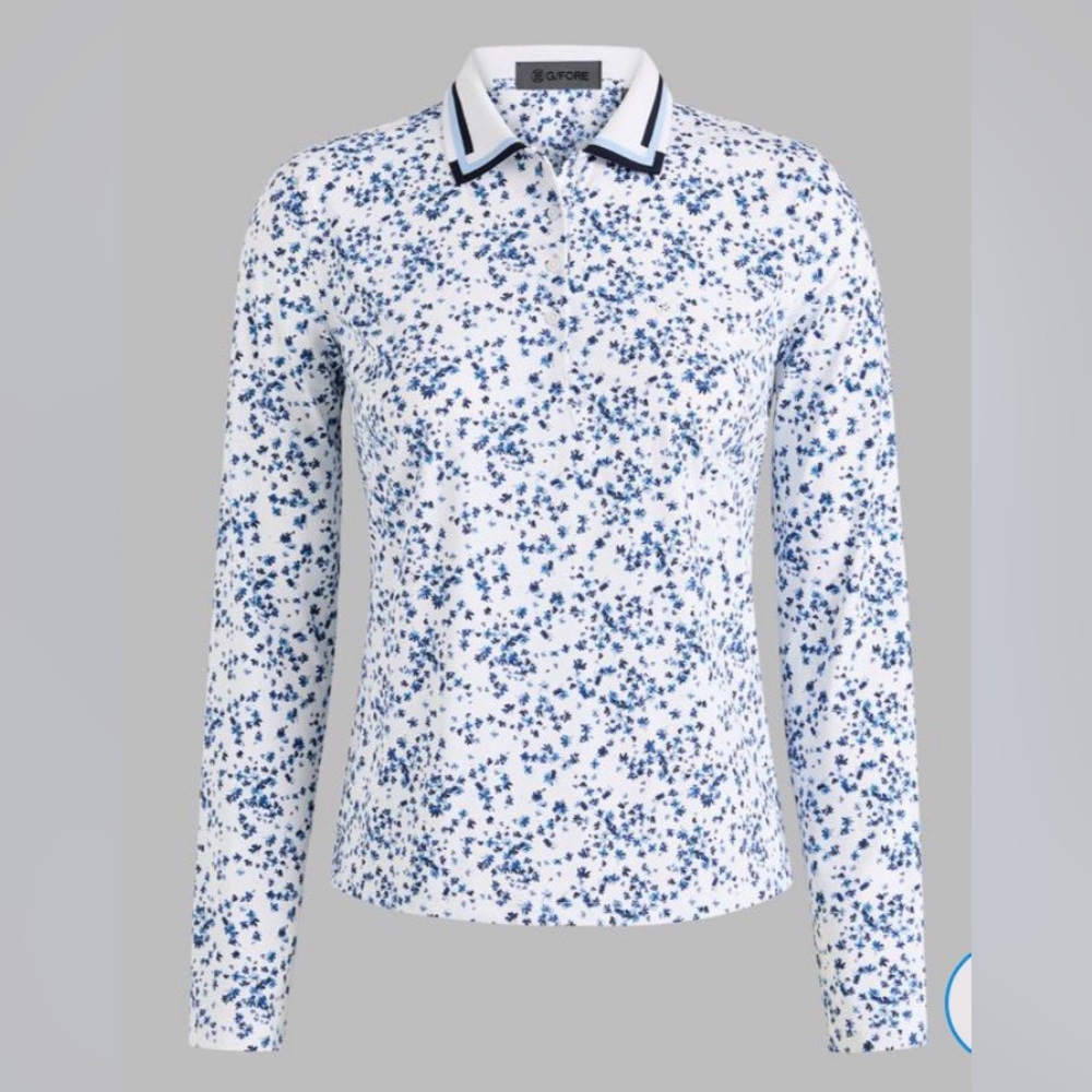 G/FORE White Long-Sleeve Polo with Blue Scatter Floral